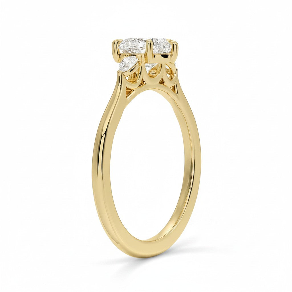My Store 4 18K solid gold three stone lab diamond engagement ring with a polished band and trilogy setting