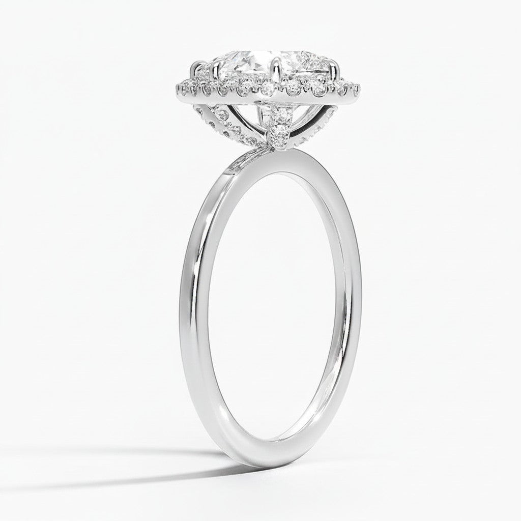 My Store 4 18K solid gold halo engagement ring with a lab-grown diamond, side view showing intricate setting details.