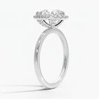 My Store 4 18K solid gold halo engagement ring with a lab-grown diamond, side view showing intricate setting details.