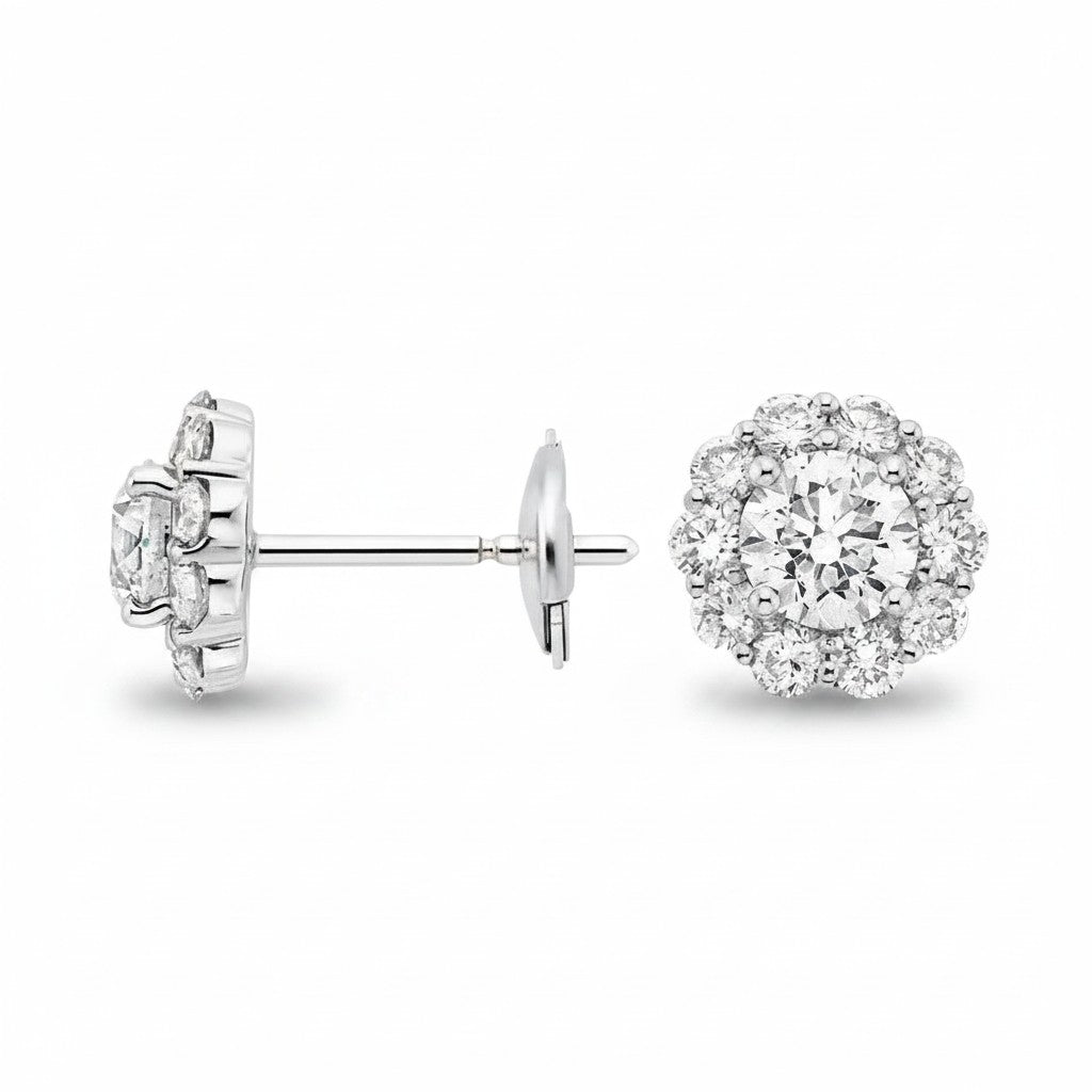 My Store 4 18K solid gold halo stud earrings featuring 1.5 carat lab-grown diamonds in a sophisticated floral design.
