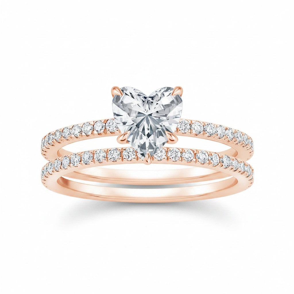 My Store 4 heart cut diamond engagement ring and matching micro-pavé wedding band set in rose gold.