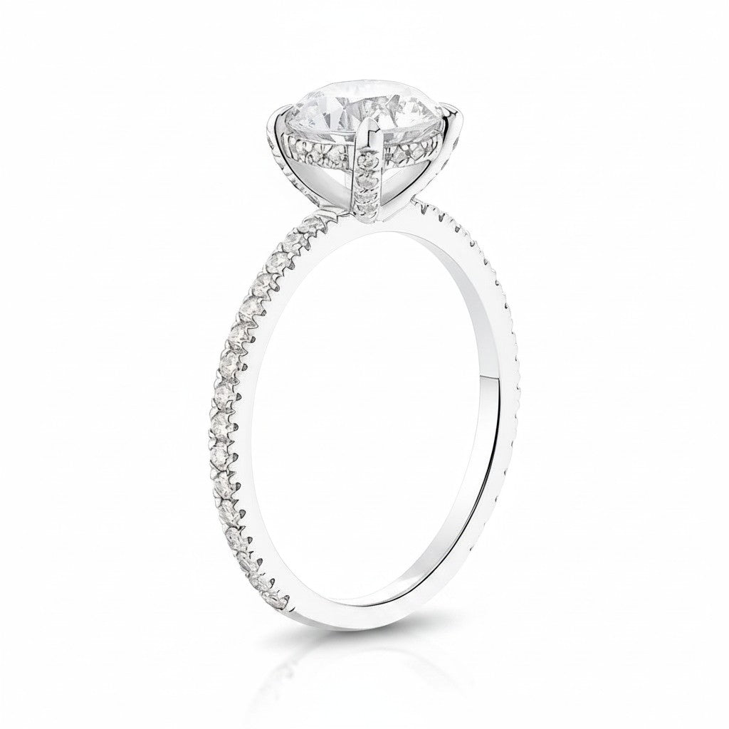 My Store 4 heart cut diamond engagement ring with micro-pavé band in white gold, side view showing basket setting.