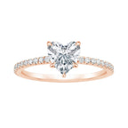 My Store 4 heart-cut diamond engagement ring in rose gold with a pavé diamond band and protective V-prong setting.