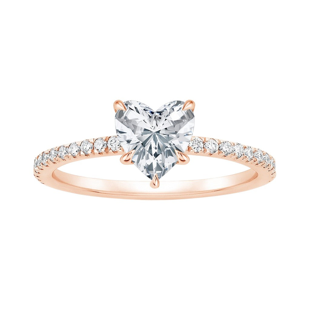 My Store 4 heart-cut diamond engagement ring in rose gold with a pavé diamond band and protective V-prong setting.