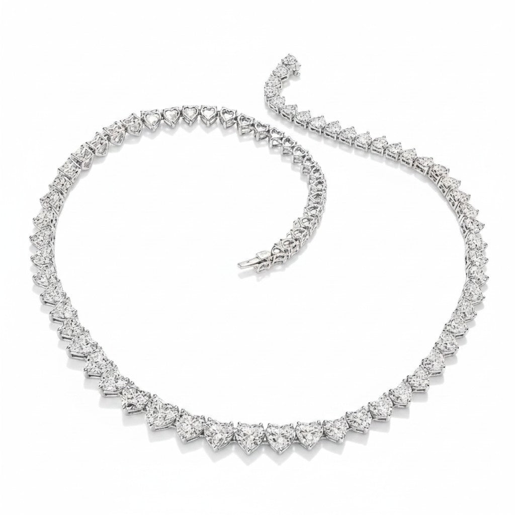 My Store 4 heart-cut diamond eternity tennis necklace in white gold with a continuous row of point-outward stones.