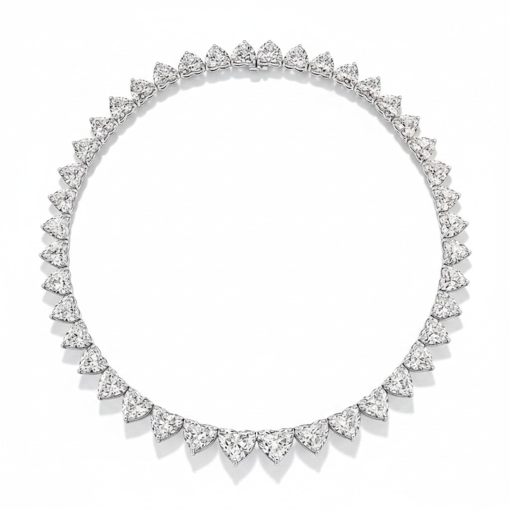 My Store 4 heart-cut diamond eternity tennis necklace in 18K white gold with a continuous point-outward setting.