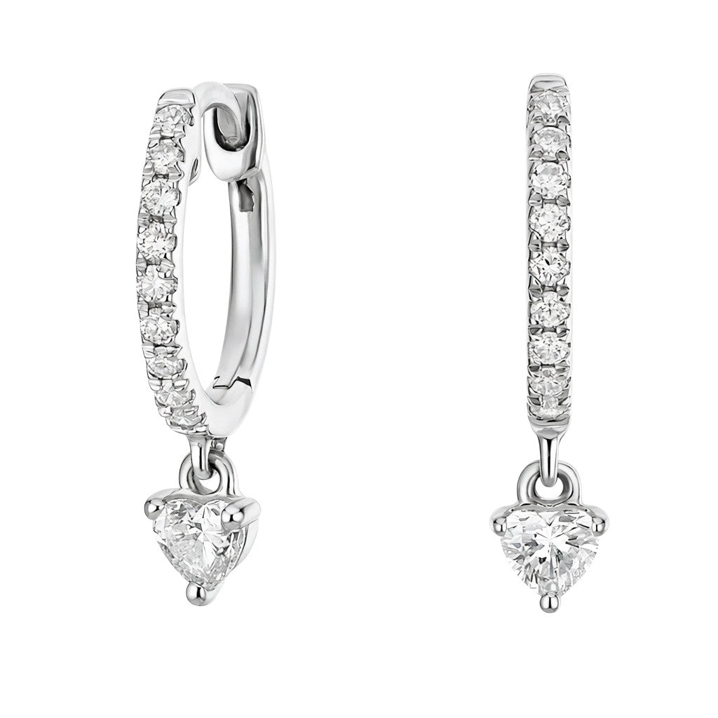 My Store 4 Roxane 18K gold drop earrings featuring a heart-shaped lab-grown diamond pendant on a pavé hoop.