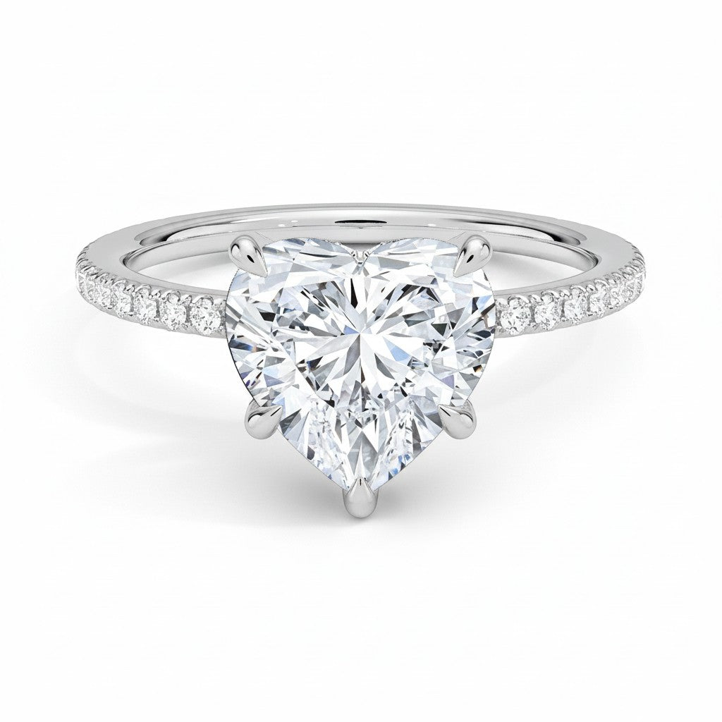 My Store 4 18K solid gold heart-shaped lab-grown diamond solitaire ring with pavé band on a white background