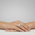 My Store 4 18K solid gold solitaire ring with a heart-shaped lab-grown diamond and pavé band worn on a hand