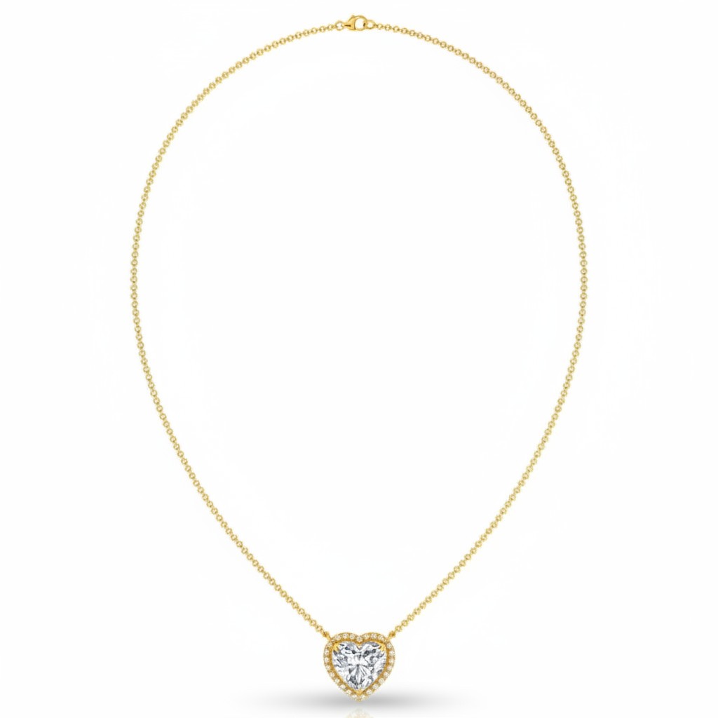 My Store 4 heart-cut diamond pendant necklace with a micro-pave halo on a delicate 18K yellow gold cable chain.
