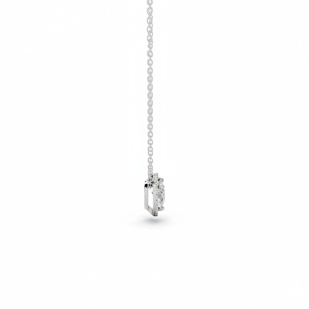 My Store 4 heart-cut diamond pendant necklace with a micro-pave halo, shown from a side profile view on a fine chain.