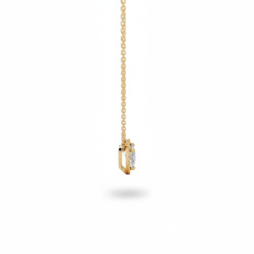 My Store 4 heart-cut diamond pendant necklace in 18K yellow gold with a floating bail-free side profile view.