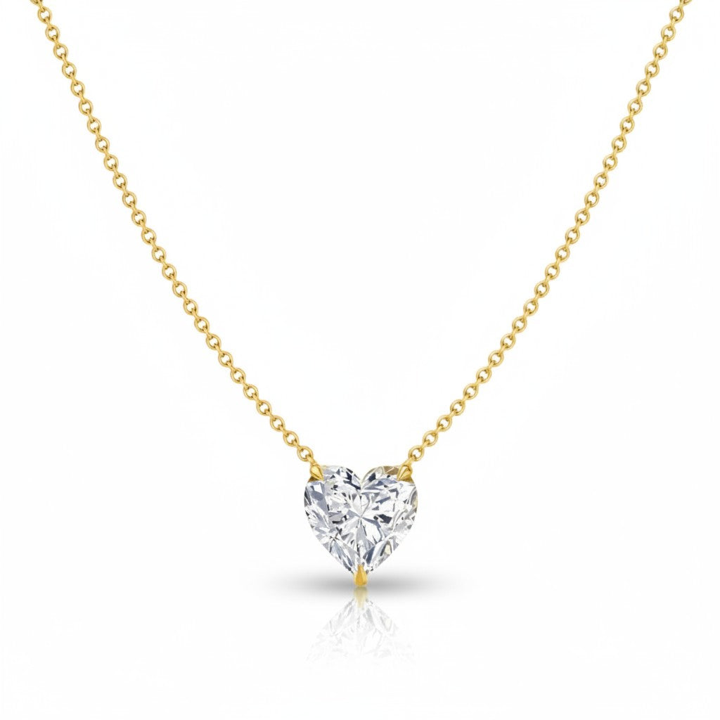 My Store 4 heart-cut diamond solitaire pendant necklace in 18K yellow gold with a bail-free floating design.