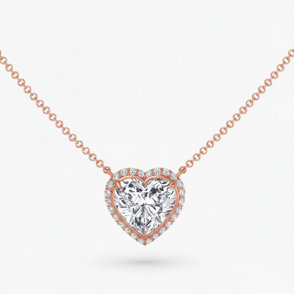 My Store 4 heart-cut diamond pendant necklace with a micro-pave halo in rose gold on a delicate cable chain.