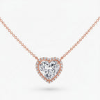 My Store 4 heart-cut diamond pendant necklace with a micro-pave halo in rose gold on a delicate cable chain.