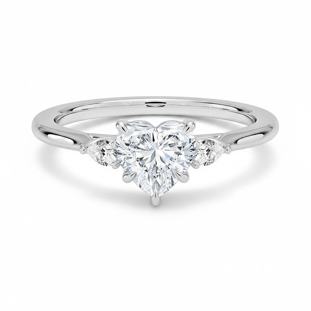 My Store 4 18K solid gold three stone engagement ring featuring a heart-shaped lab-grown diamond center