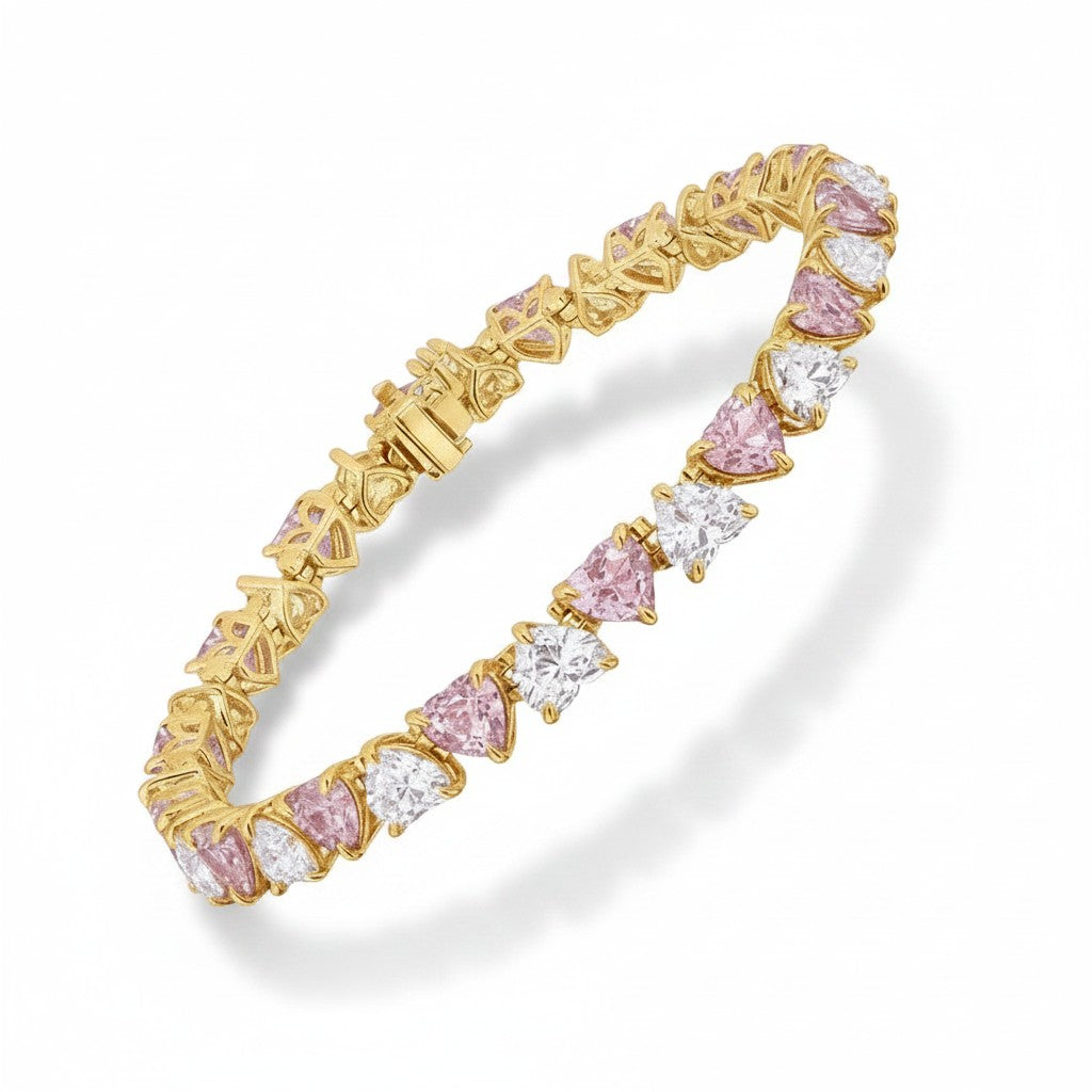 My Store 4 heart-cut pink and white diamond tennis bracelet in yellow gold with an integrated box clasp.