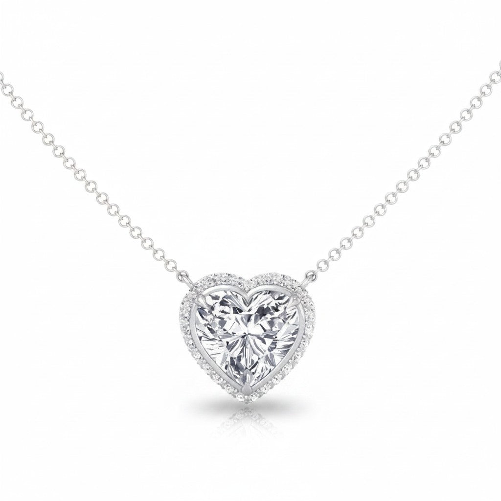 My Store 4 heart-cut diamond pendant necklace with a micro-pave halo on a delicate white gold cable chain.