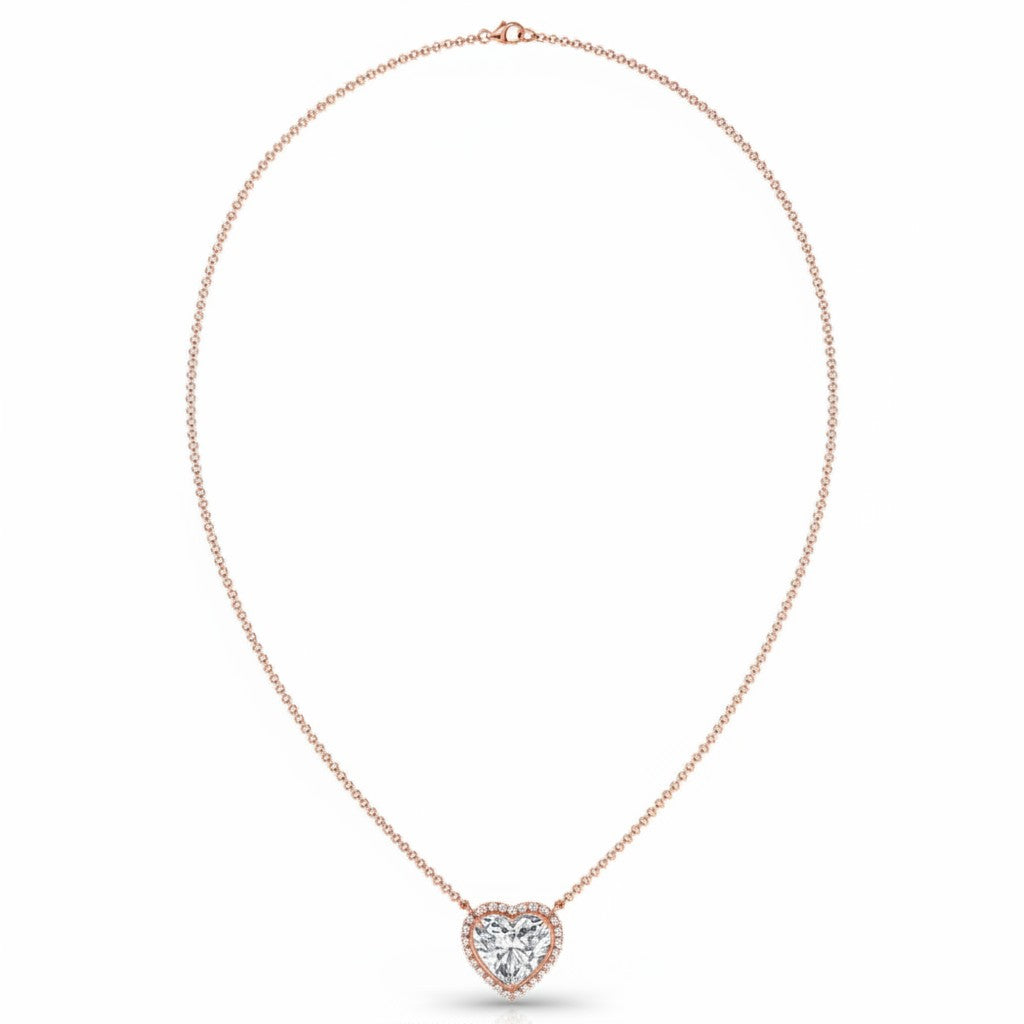 My Store 4 heart-cut diamond pendant necklace with a micro-pave halo on a delicate rose gold cable chain.