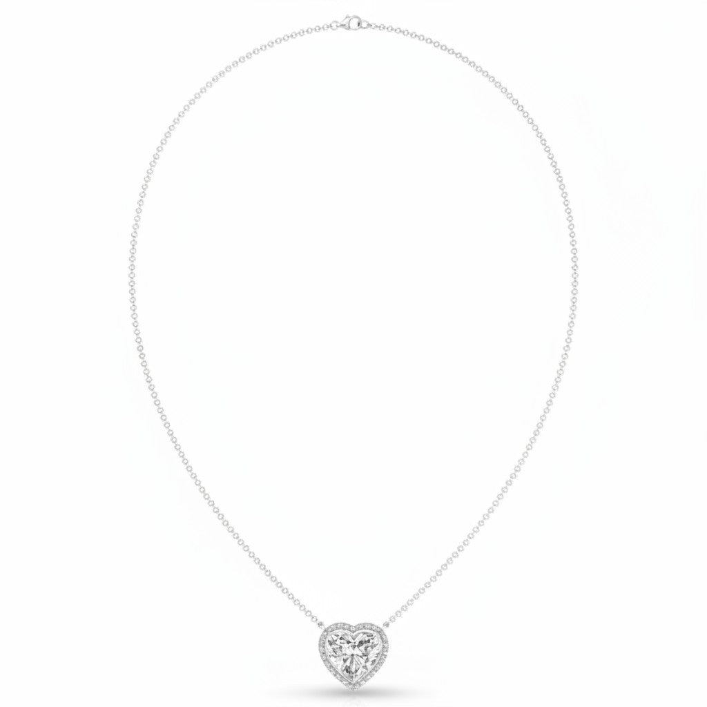 My Store 4 heart-cut diamond pendant necklace with a micro-pave halo on a delicate white gold cable chain.