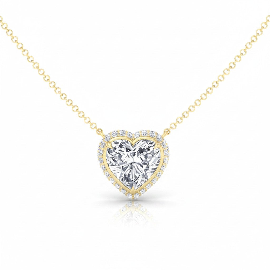 My Store 4 heart-cut diamond pendant necklace in 18K yellow gold with a micro-pave halo and bail-free floating design.