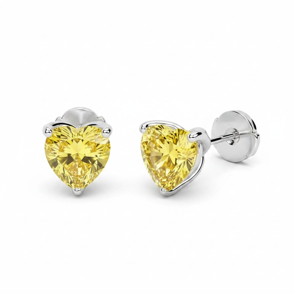 My Store 4 heart-shaped yellow lab-grown diamond stud earrings set in 18K solid gold with a brilliant cut.