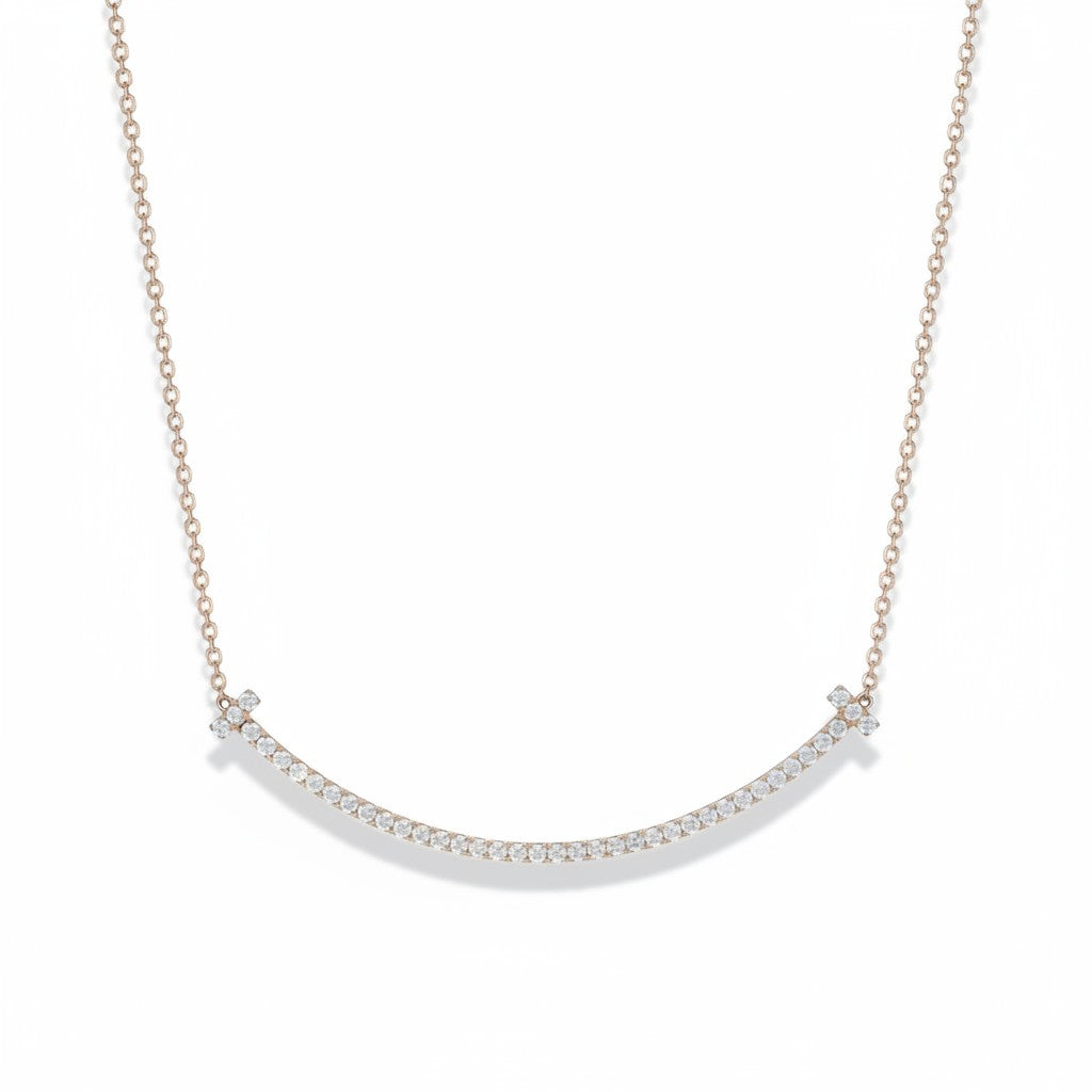 My Store 4 large smile diamond necklace in 18K gold with pavé-set diamonds and T-bar ends on a delicate trace chain.