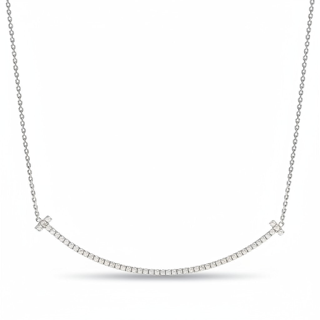 My Store 4 large smile diamond necklace featuring a curved pavé bar with T-bar ends in polished white gold.