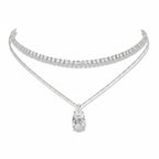 My Store 4 layered necklace set featuring a diamond tennis choker and a pear-cut solitaire pendant in white gold.