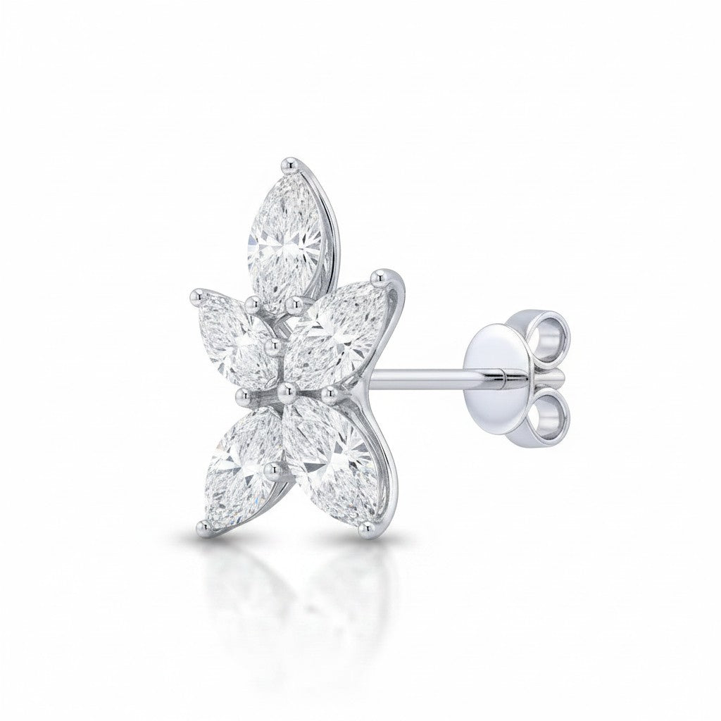My Store 4 floral stud earring featuring five marquise-cut diamonds arranged in a petal blossom design in white gold.