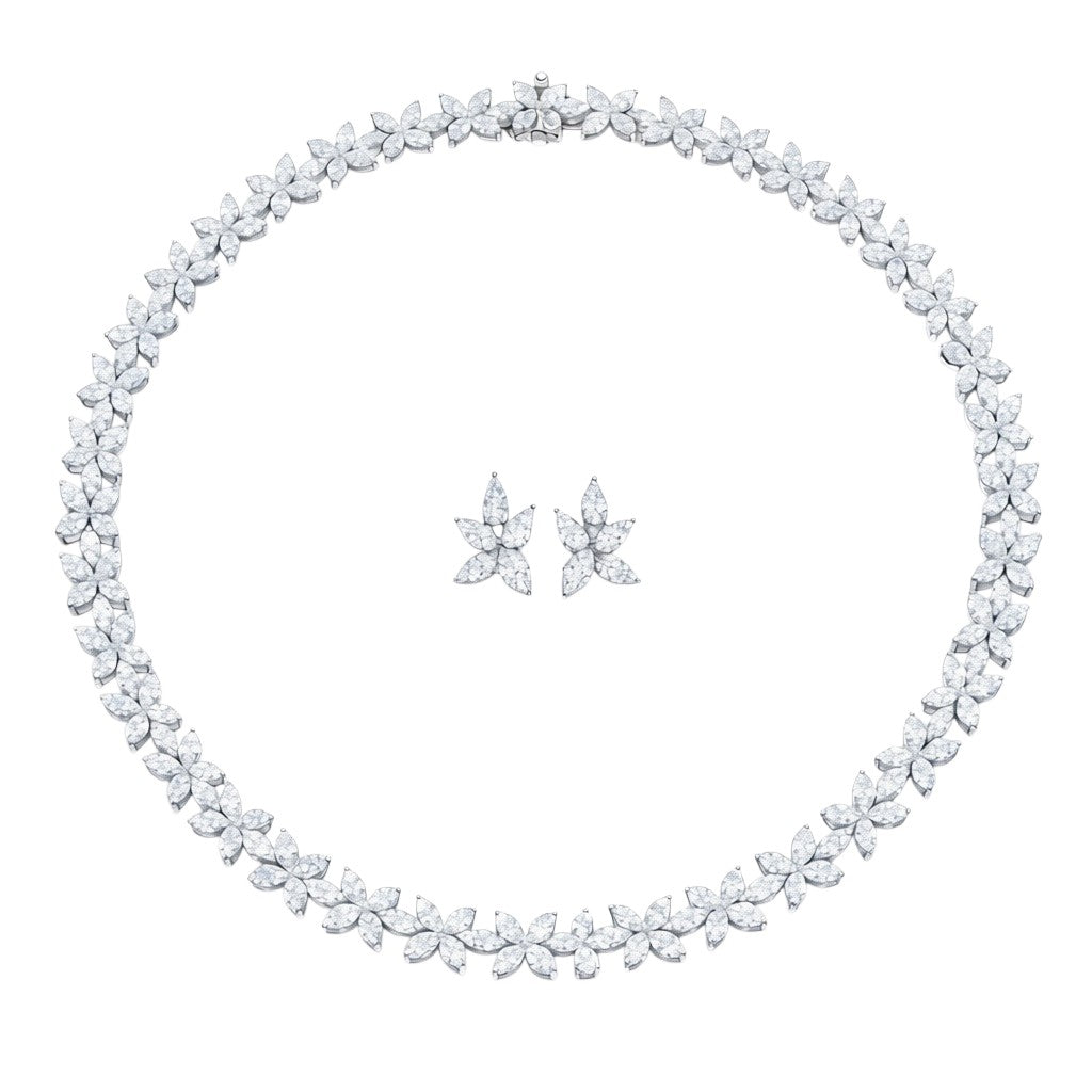 My Store 4 floral cluster necklace and matching stud earrings featuring marquise-cut diamonds in a botanical design.