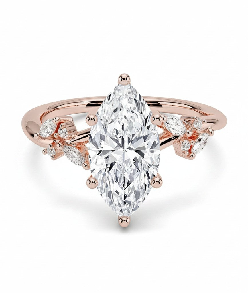 My Store 4 18K solid gold engagement ring featuring a 2.5ct marquise lab-grown diamond with sparkling side stones.
