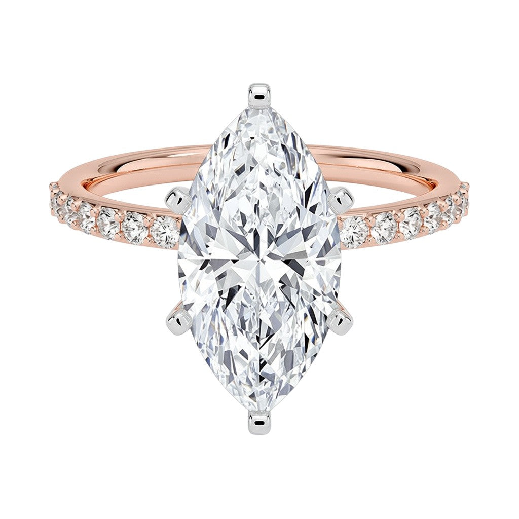 My Store 4 18K rose gold marquise cut diamond solitaire ring with pavé band on a white background