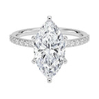 My Store 4 18K solid gold marquise cut solitaire engagement ring with pavé diamond band on a white background