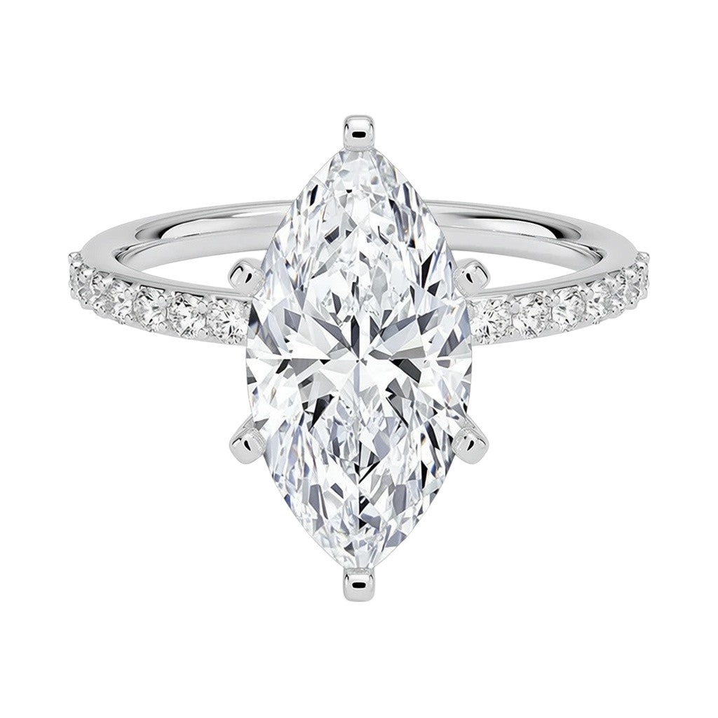 My Store 4 18K solid gold marquise cut solitaire engagement ring with pavé diamond band on a white background