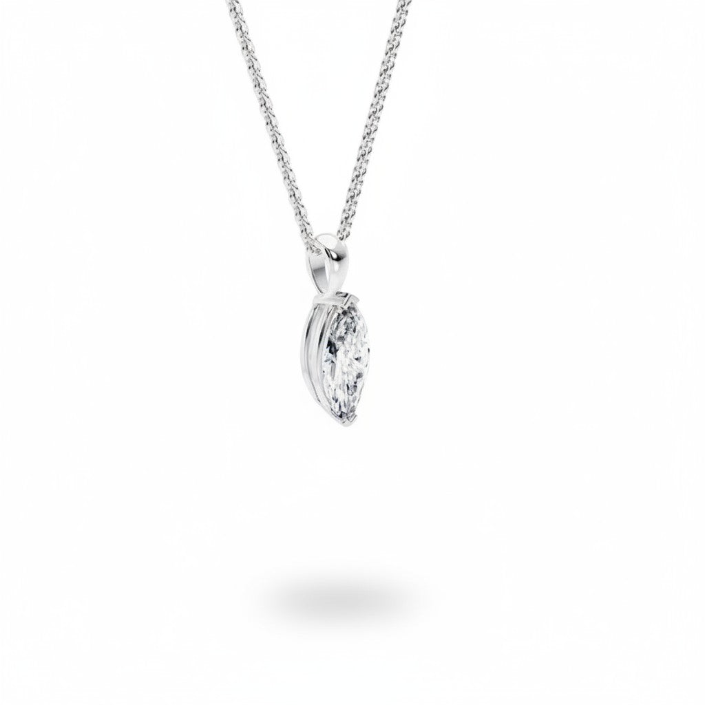 My Store 4 marquise-cut diamond solitaire pendant on a fine white gold cable chain with protective chevron V-prongs.