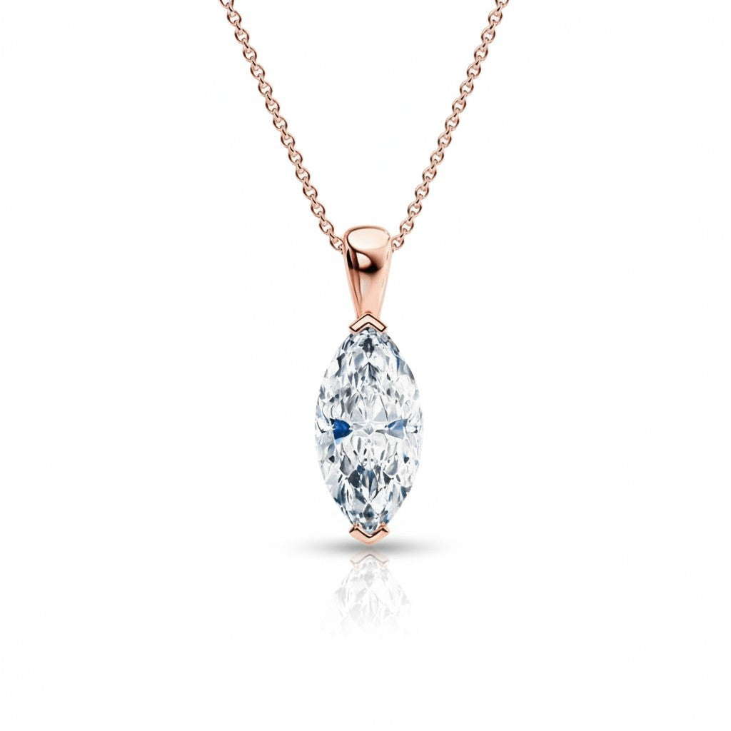 My Store 4 marquise-cut diamond solitaire pendant in rose gold with protective V-prongs on a delicate cable chain.