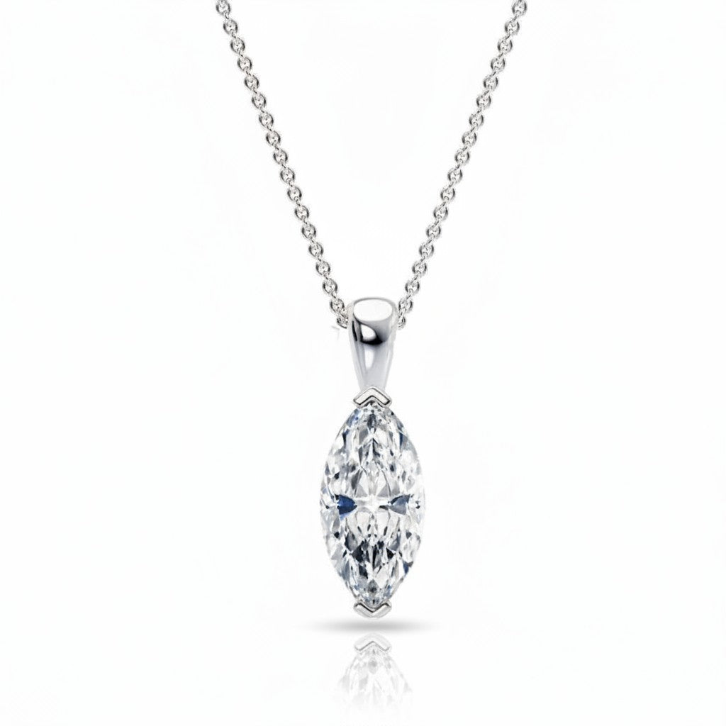 My Store 4 marquise-cut diamond solitaire pendant on a delicate white gold cable chain with protective V-prongs.