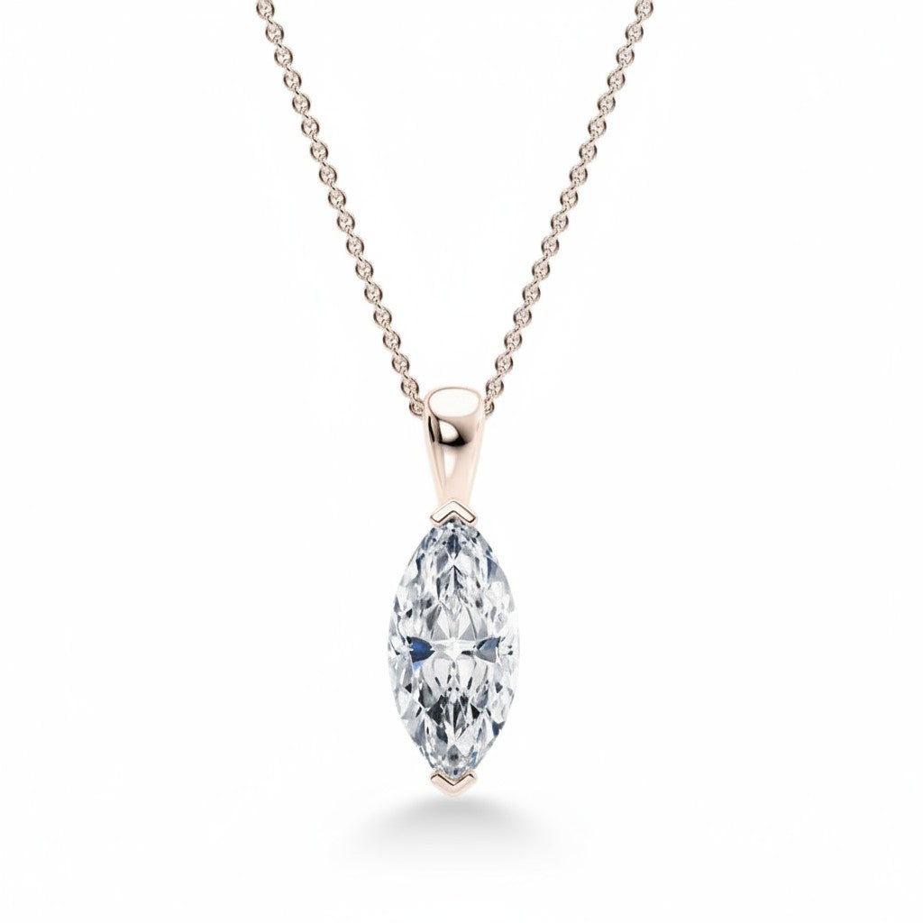 My Store 4 marquise diamond solitaire pendant necklace in 18K yellow gold with protective dual V-prong settings.