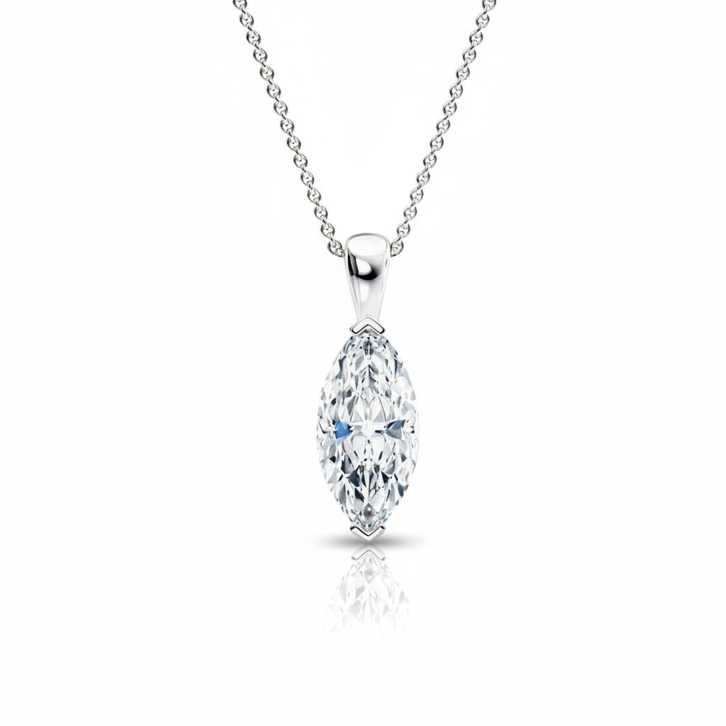 My Store 4 marquise diamond solitaire pendant necklace in white gold with dual V-prong settings on a fine cable chain.