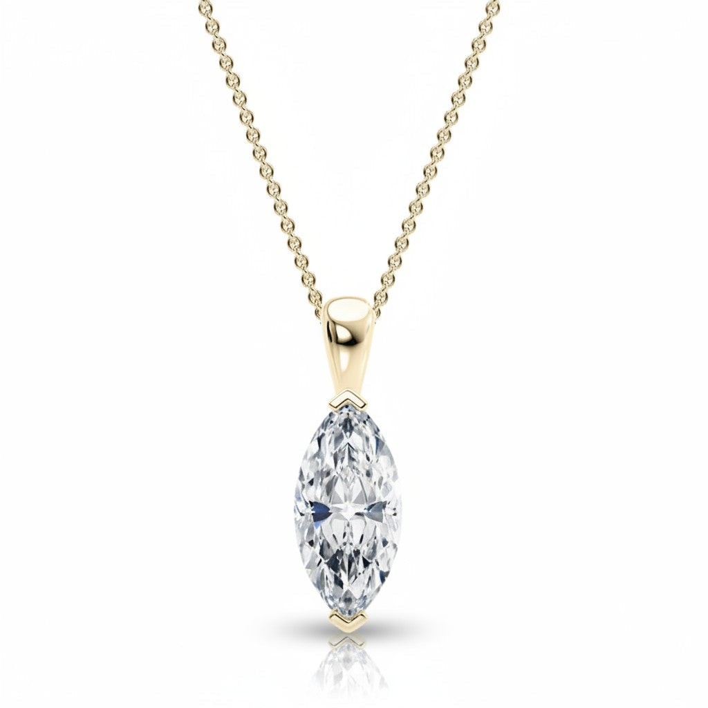 My Store 4 marquise-cut diamond solitaire pendant in 18K yellow gold with protective V-prongs on a fine cable chain.
