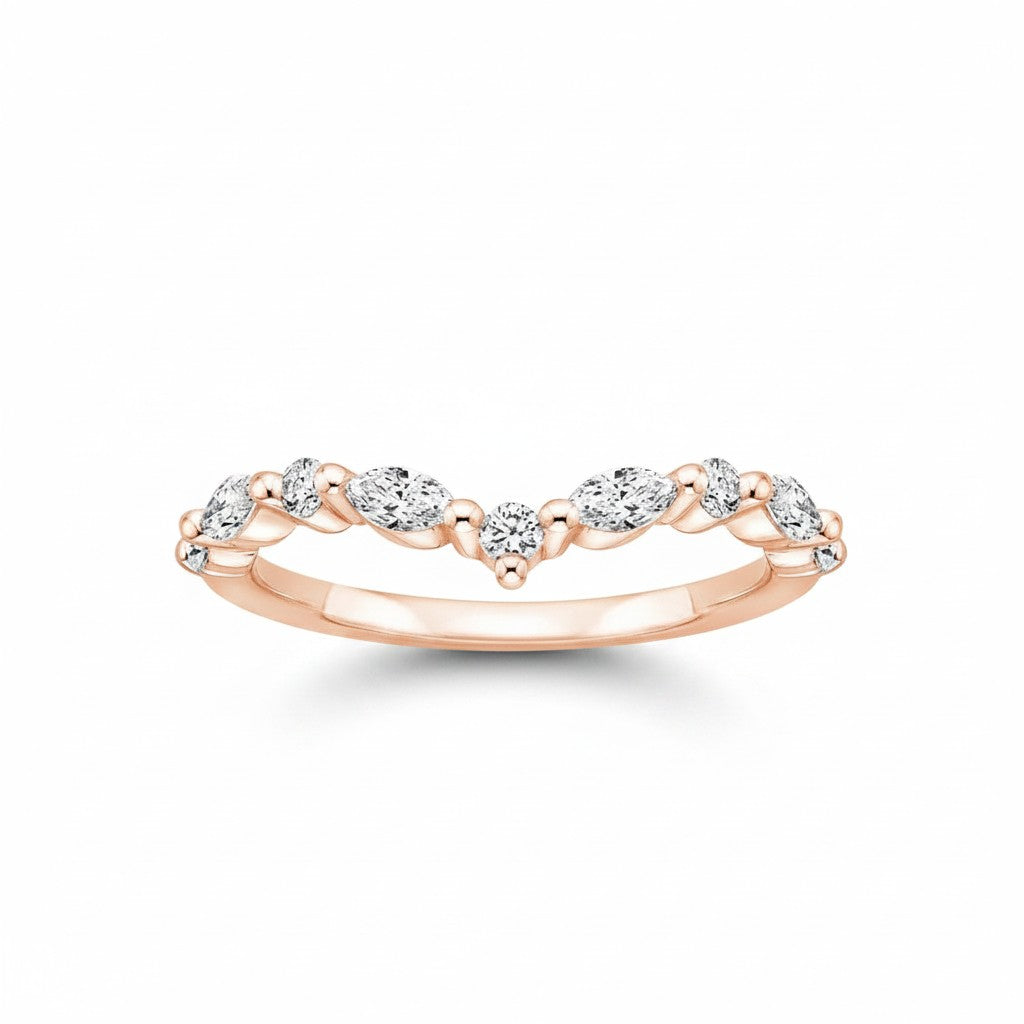 My Store 4 18K solid gold marquise lab diamond ring set featuring a delicate V-shaped band with sparkling stones.