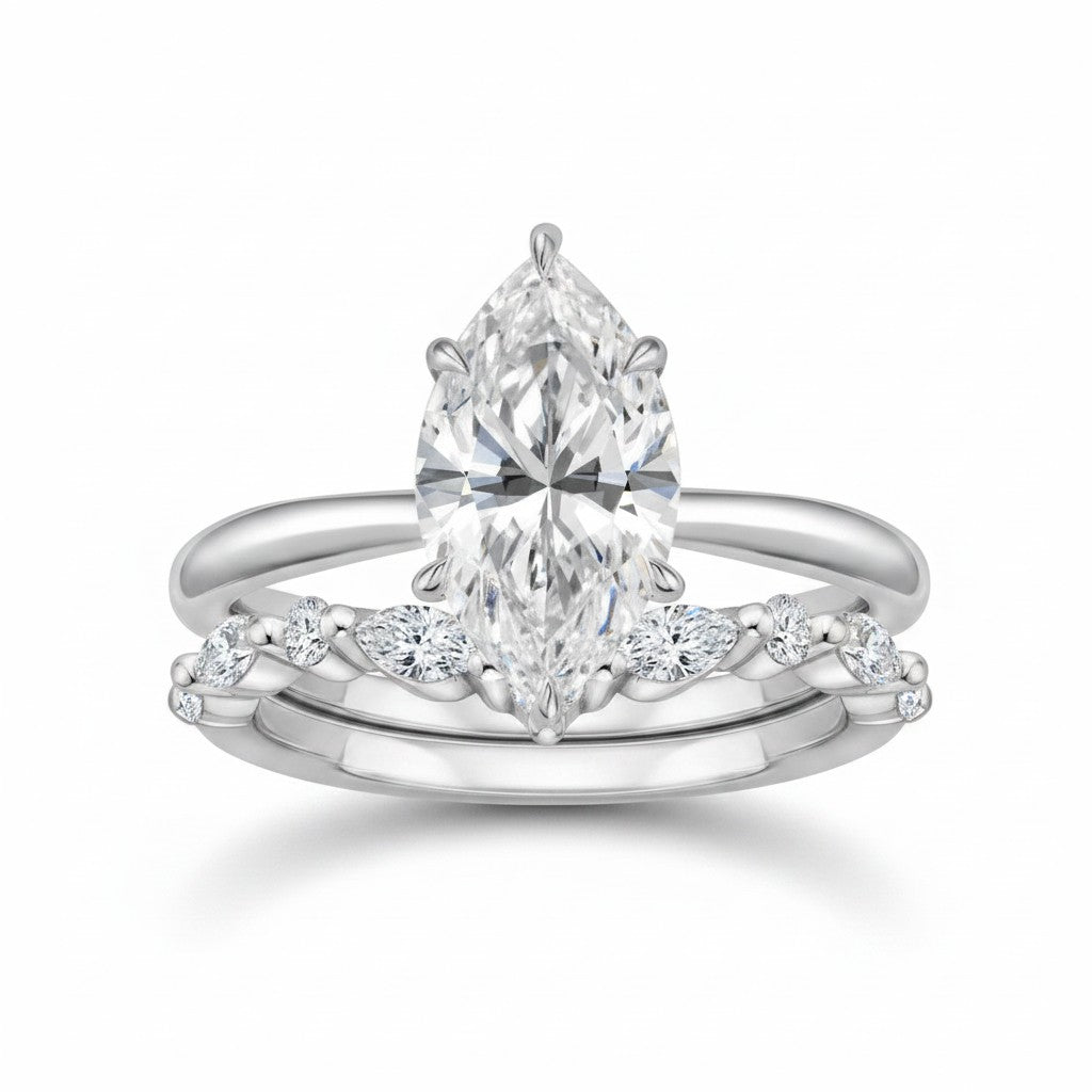 My Store 4 18K solid gold marquise-cut lab-grown diamond ring set with a matching diamond-accented band