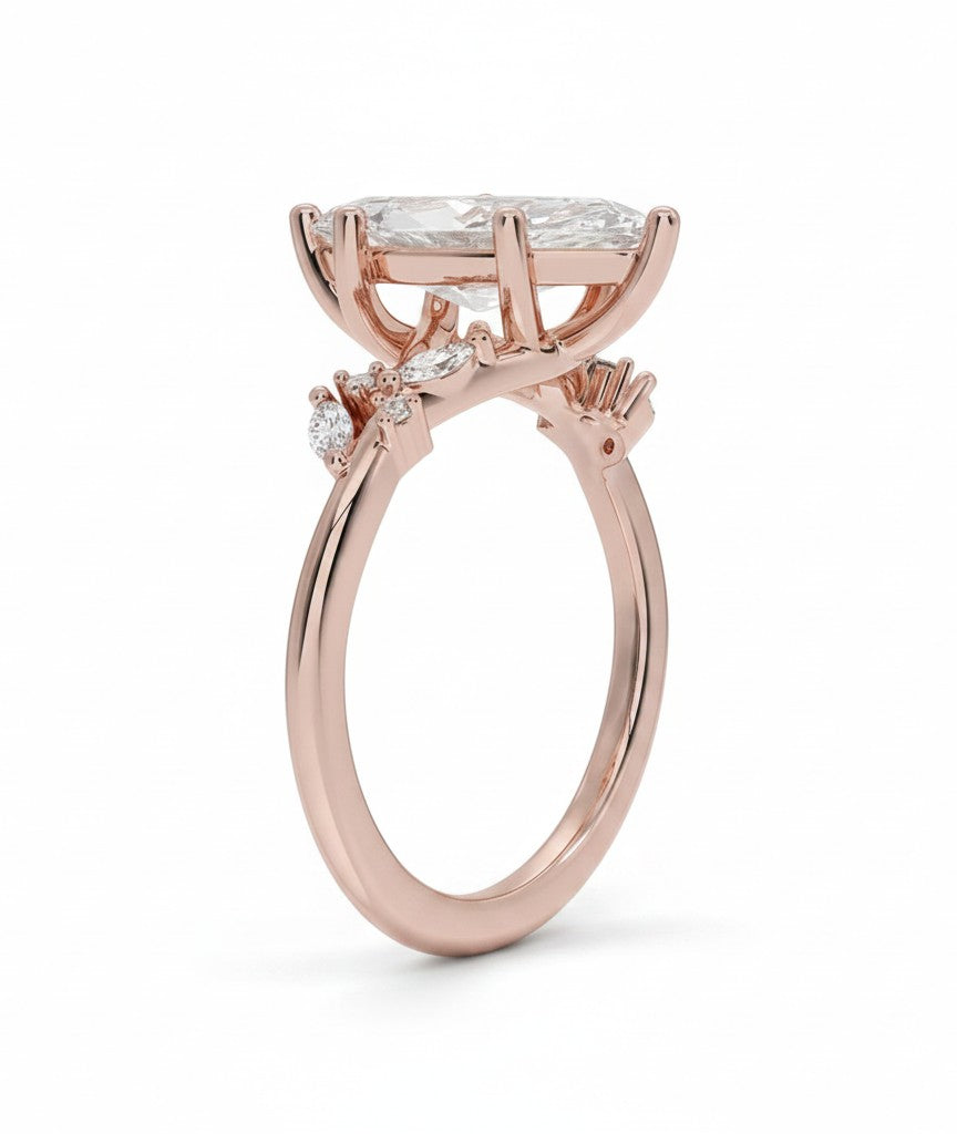 My Store 4 18K solid gold three-stone ring with a marquise-cut lab-grown diamond side profile view