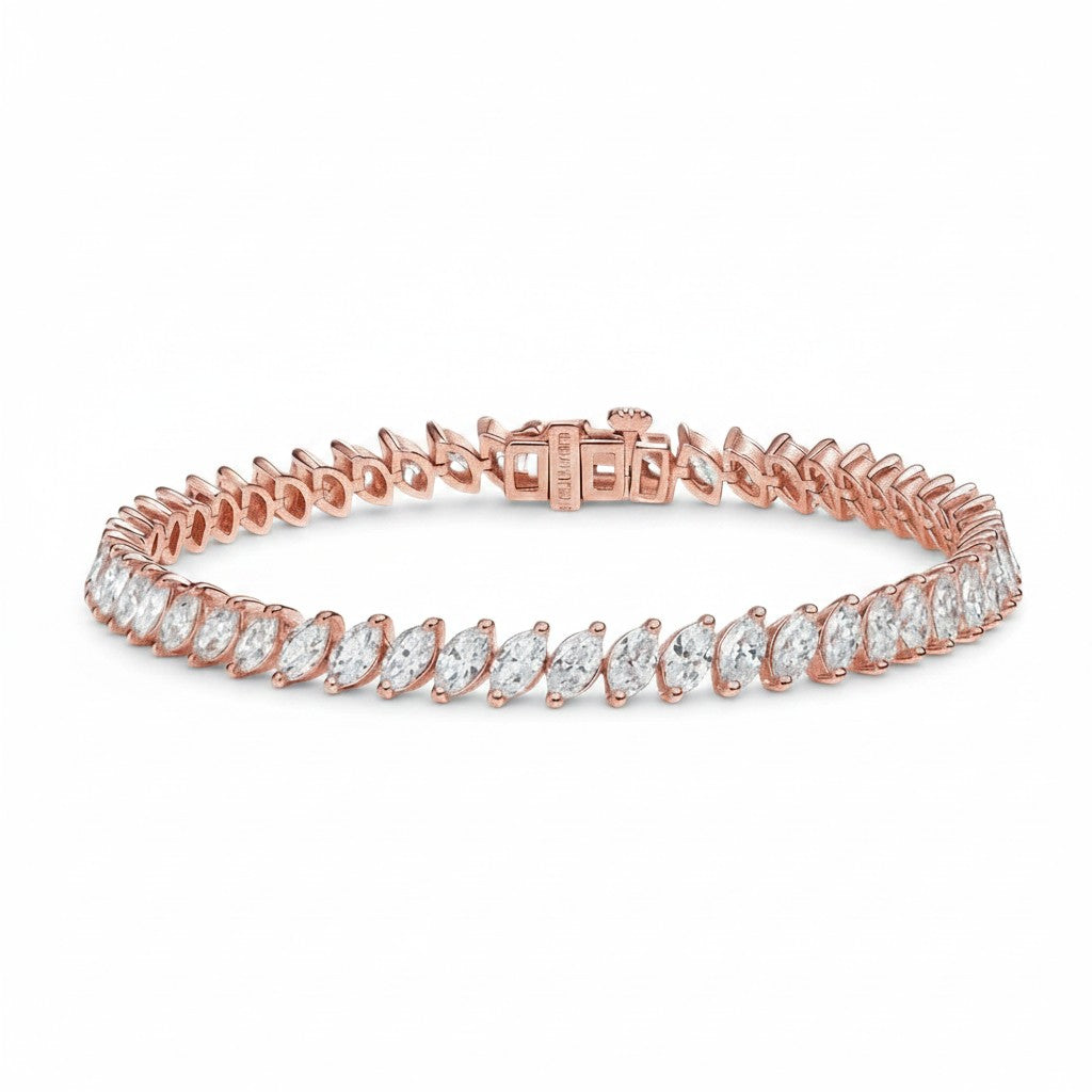 My Store 4 marquise cut diamond tennis bracelet in rose gold with VVS1 E color stones and secure box clasp.