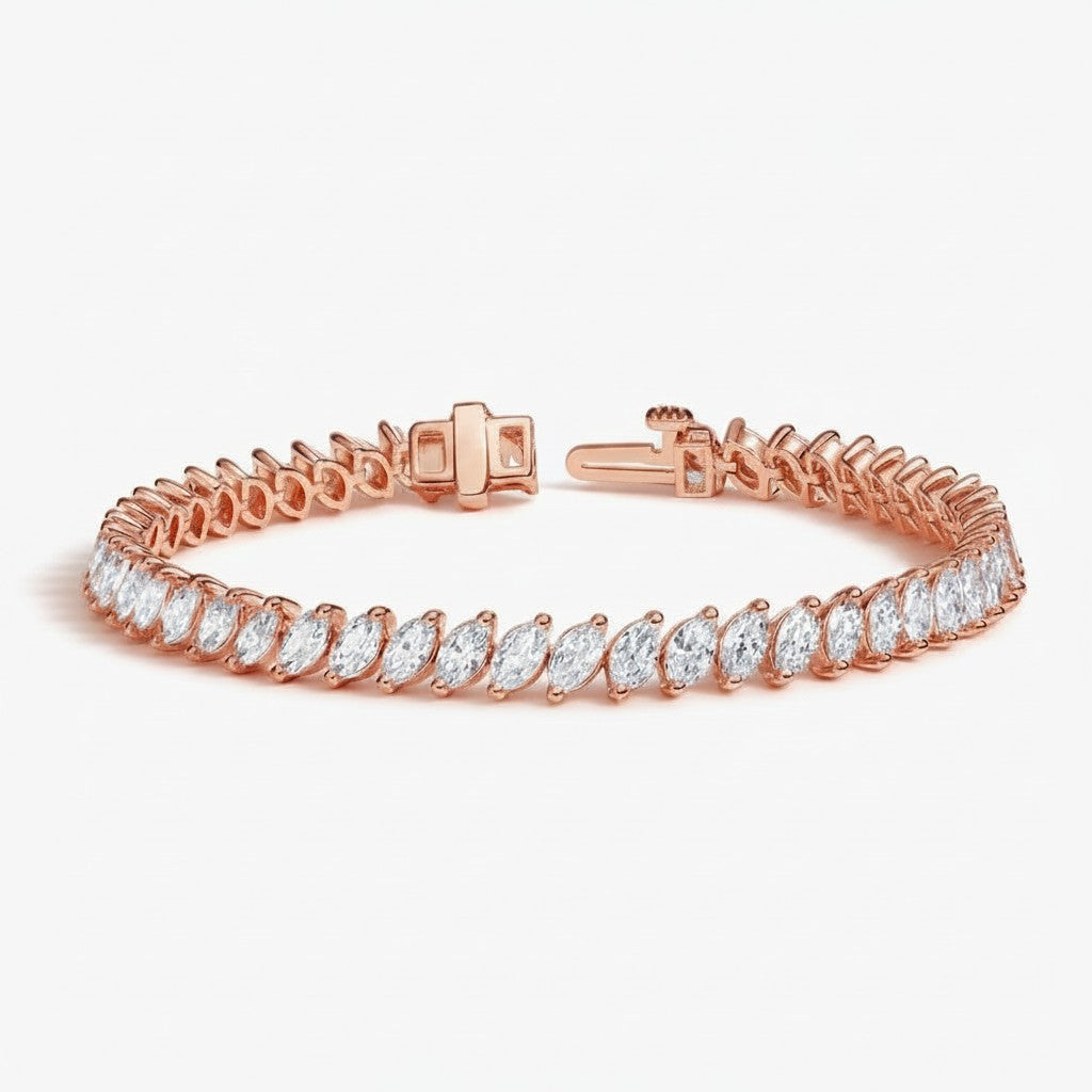 My Store 4 marquise cut diamond tennis bracelet in rose gold with VVS1 E color stones and secure box clasp.