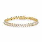 My Store 4 marquise cut diamond tennis bracelet in yellow gold with a secure box clasp on a white background.