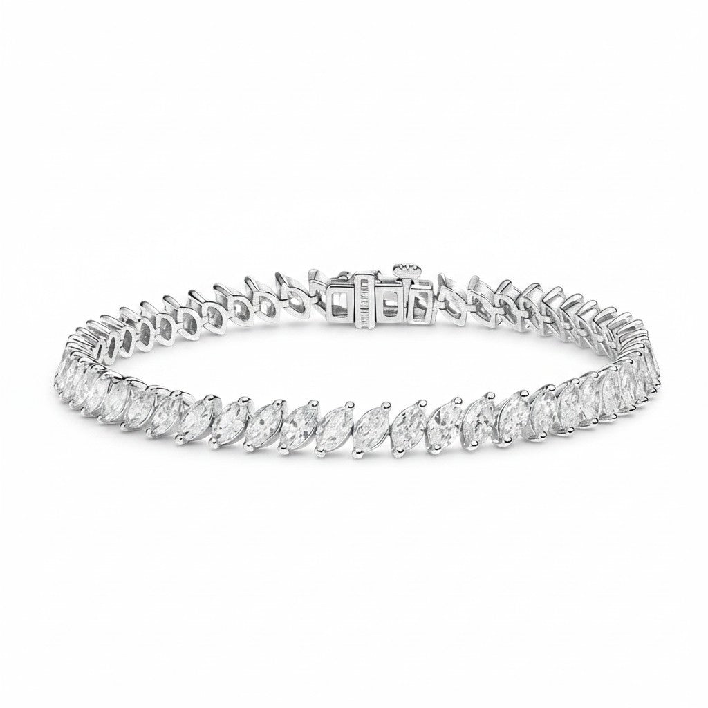 My Store 4 marquise cut diamond tennis bracelet in white gold with a secure box clasp and fluid link design.
