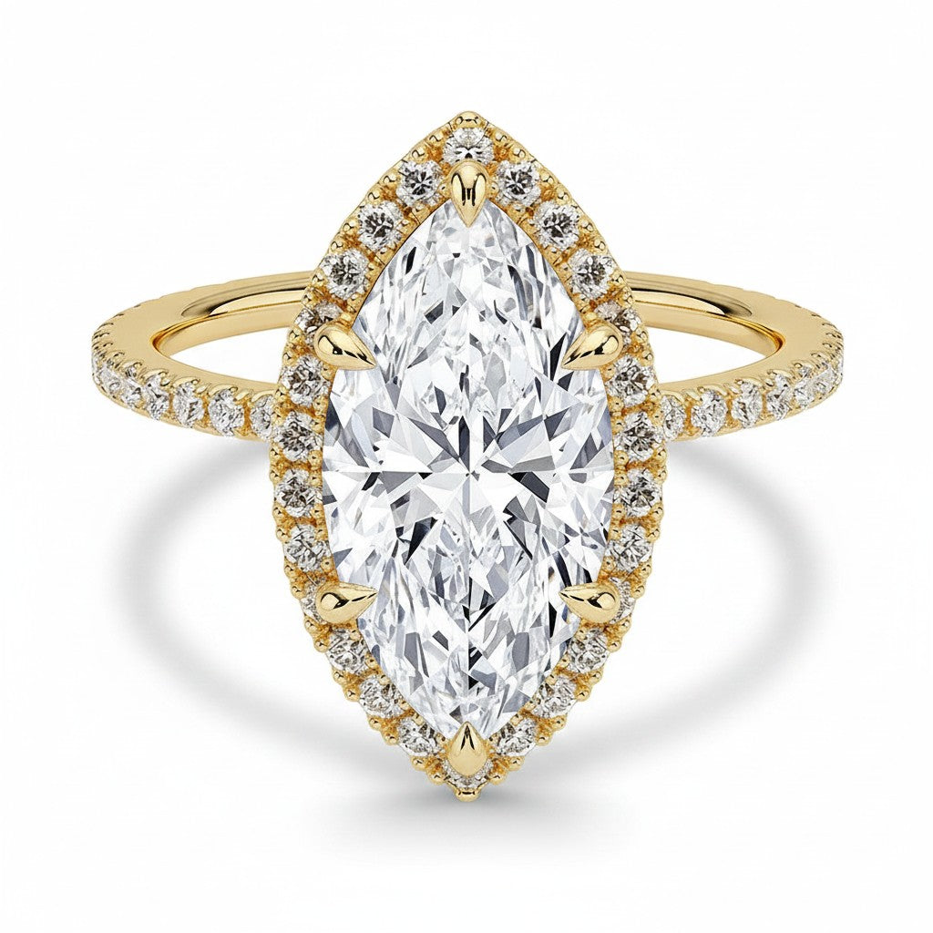 My Store 4 18K solid gold marquise cut lab diamond ring with a halo and pavé setting for elegant bridal style.
