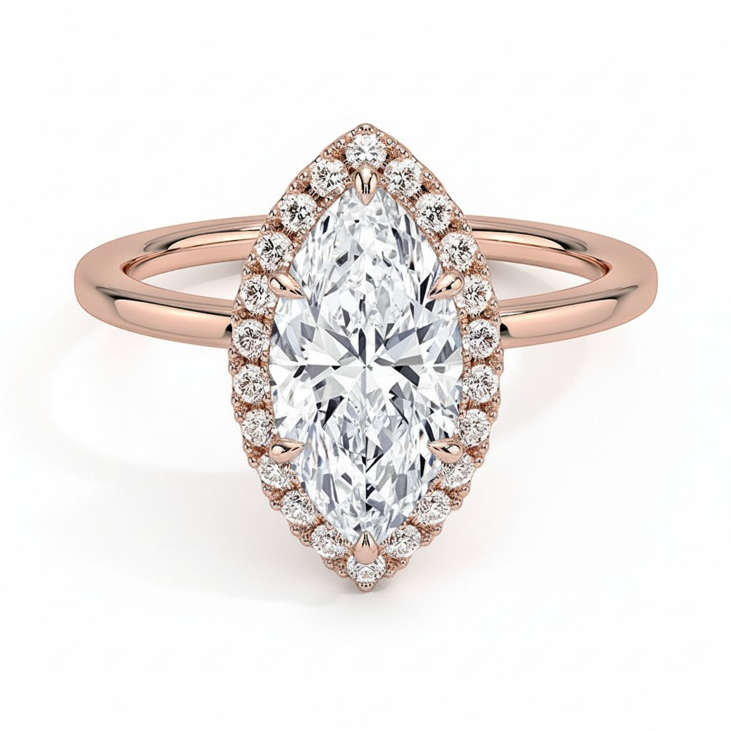 My Store 4 18K rose gold marquise cut lab diamond halo ring with a delicate polished band on a white background.